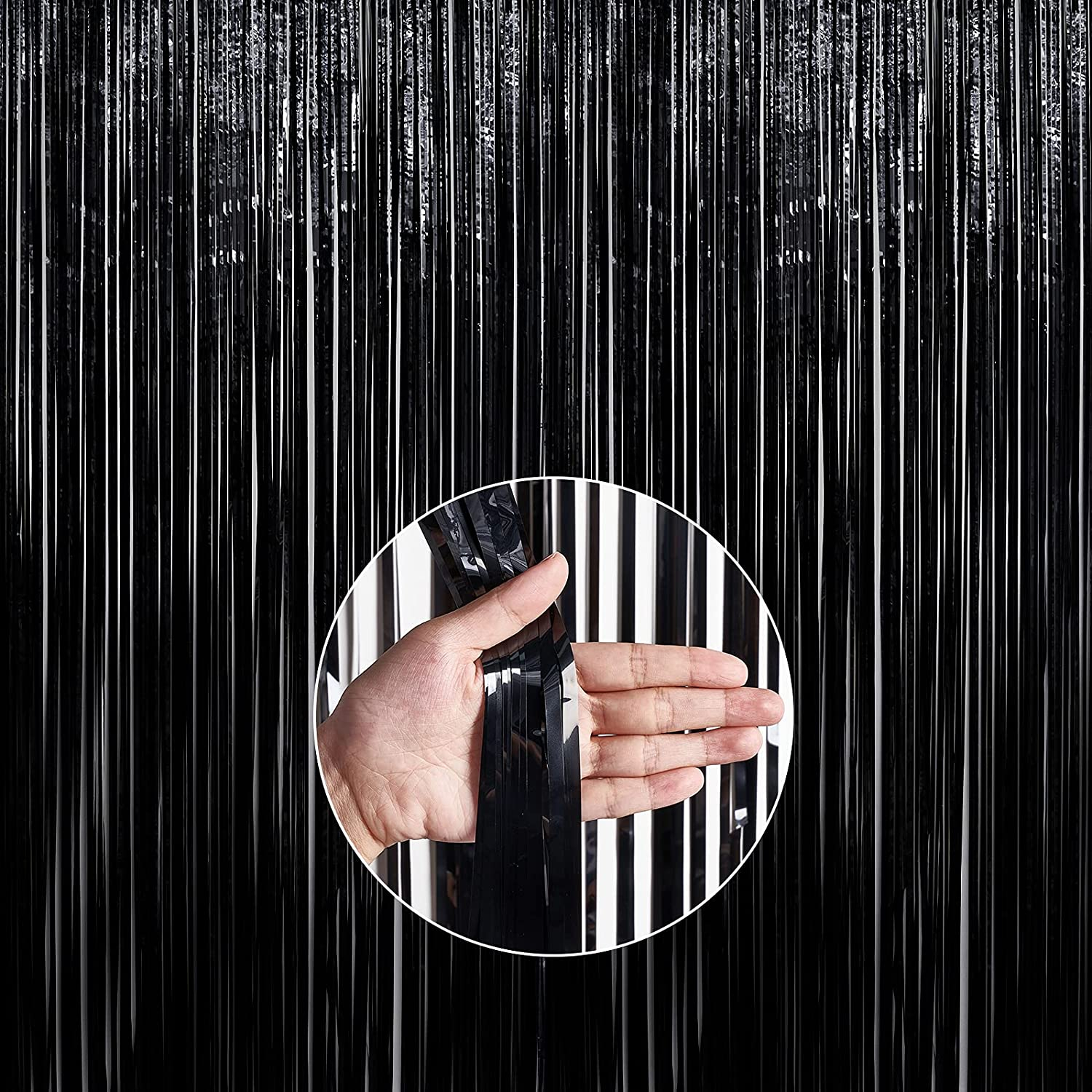 (245x90cm) Party Deko Lametta Vorhang Glänzender Fransen Vorhang Foto Hintergrund - Schwarz
