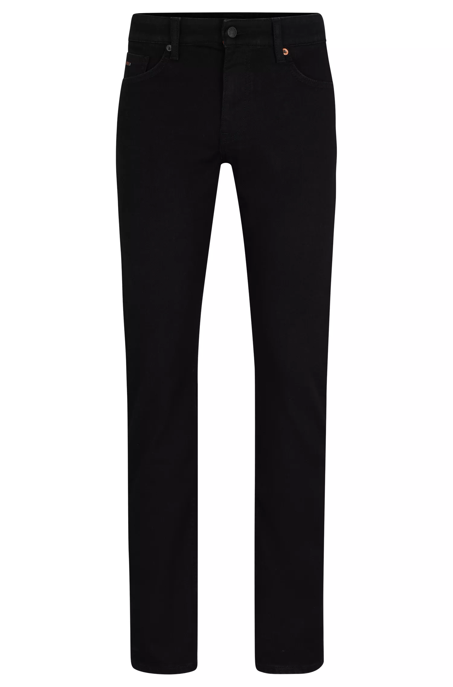 Calça jeans BOSS laranja, corte slim, em denim preto com elasticidade para maior conforto.