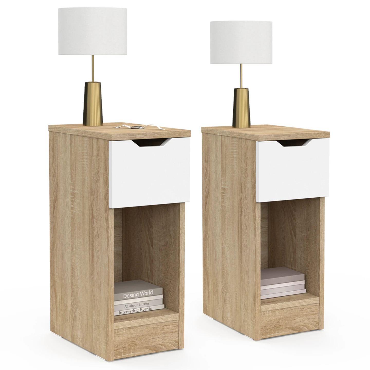 Lot de 2 tables de chevet ANOUK 1 tiroir avec niche bois et blanc