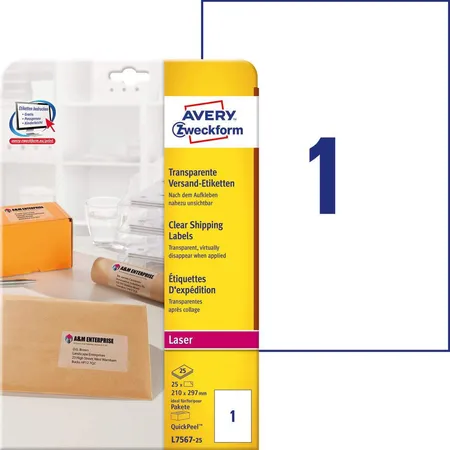 Avery Zweckform L7567-25 Versandetiketten,A4 210 x 297 mm, 25 Bogen/25 Etiketten, transparent