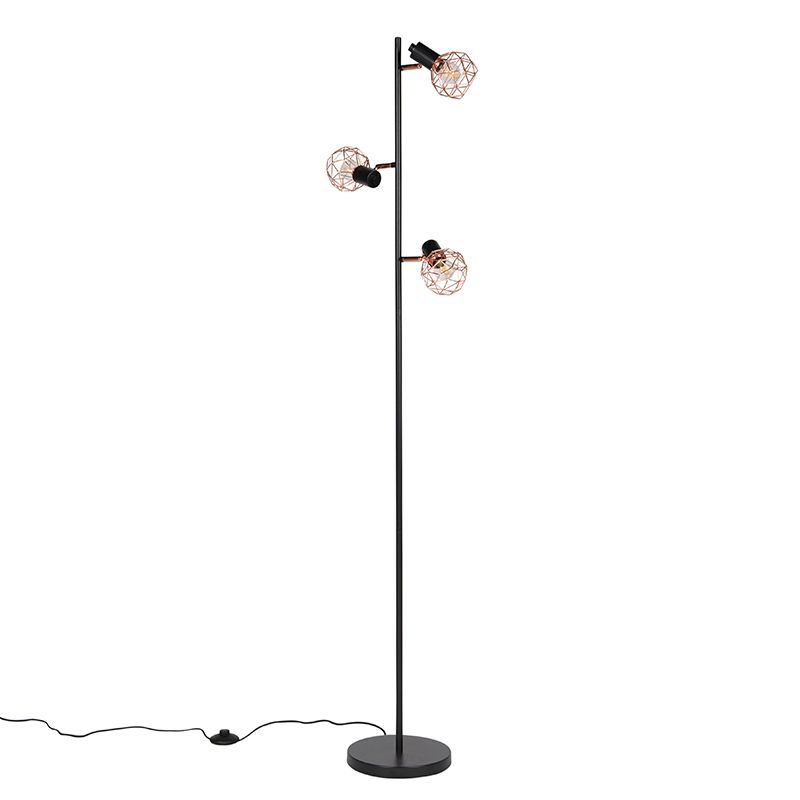 Vloerlamp zwart met koper 3-lichts - Mesh