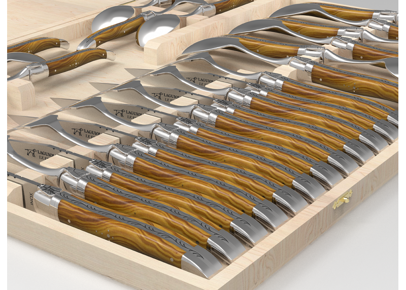 Service Laguiole de 24 pièces avec un manche en bois d'olivier et mitres en acier inoxydable