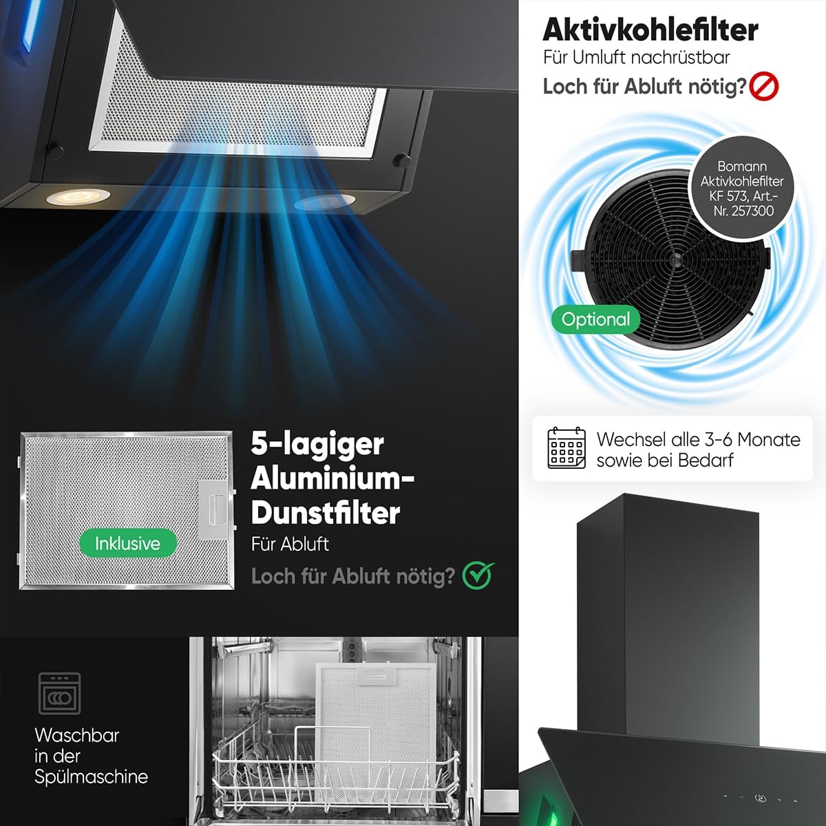 Bomann Dunstabzugshaube 60cm, bunte Beleuchtung, Abzugshaube 60cm Umluft & Abluft, leise Kopffreihaube, inkl. Montage-Material, Dunstabzugshaube Umluft Abluft DU 7611 G