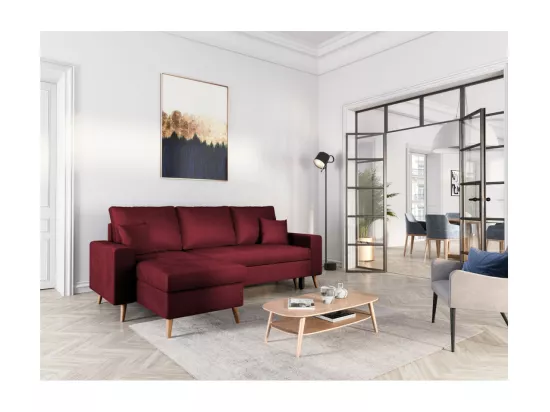 Canapé d'angle Maria scandinave réversible et convertible avec coffre en velours - Bordeaux - L227 x 148 x 95cm - Loungitude