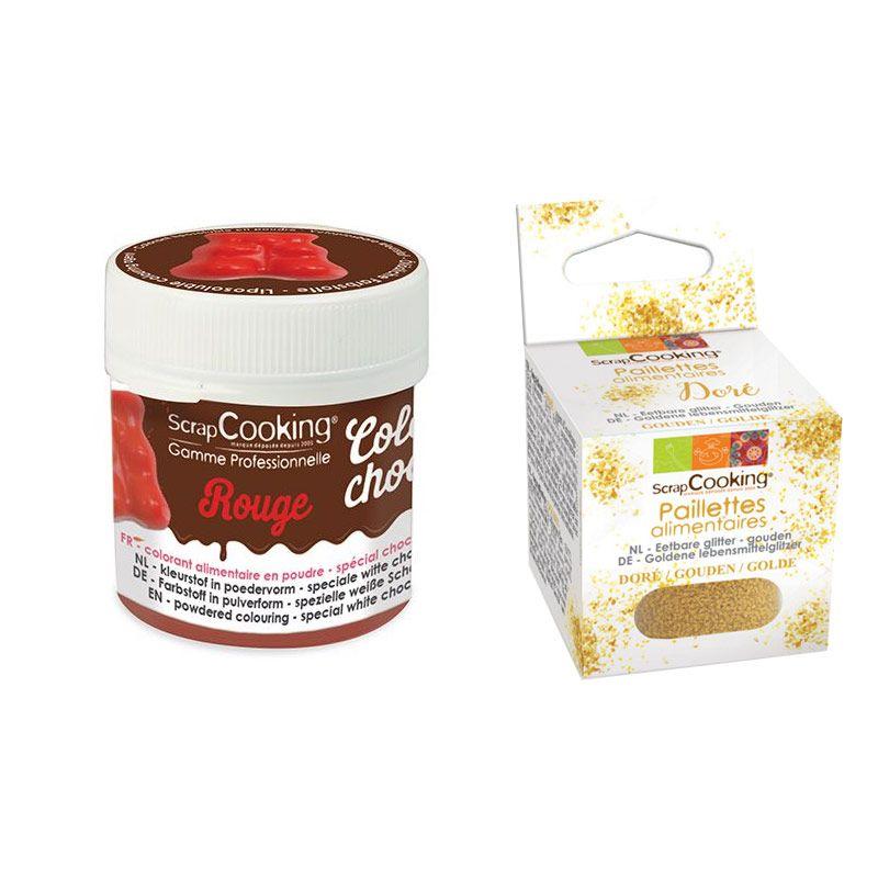 Colorant alimentaire liposoluble rouge + paillettes dorées Scrapcookin