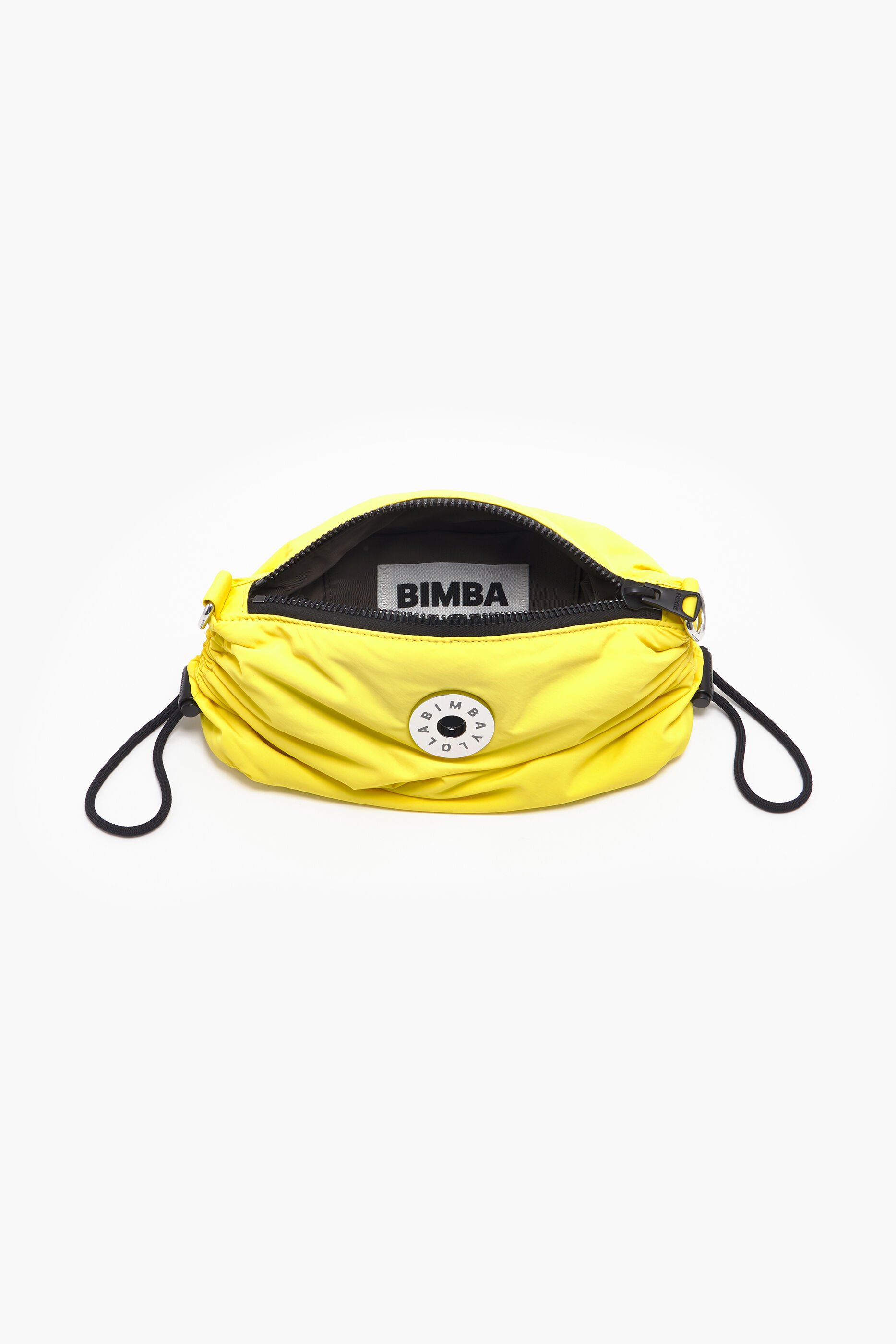 Bolsa de ombro pequena em nylon com franzido, amarela.