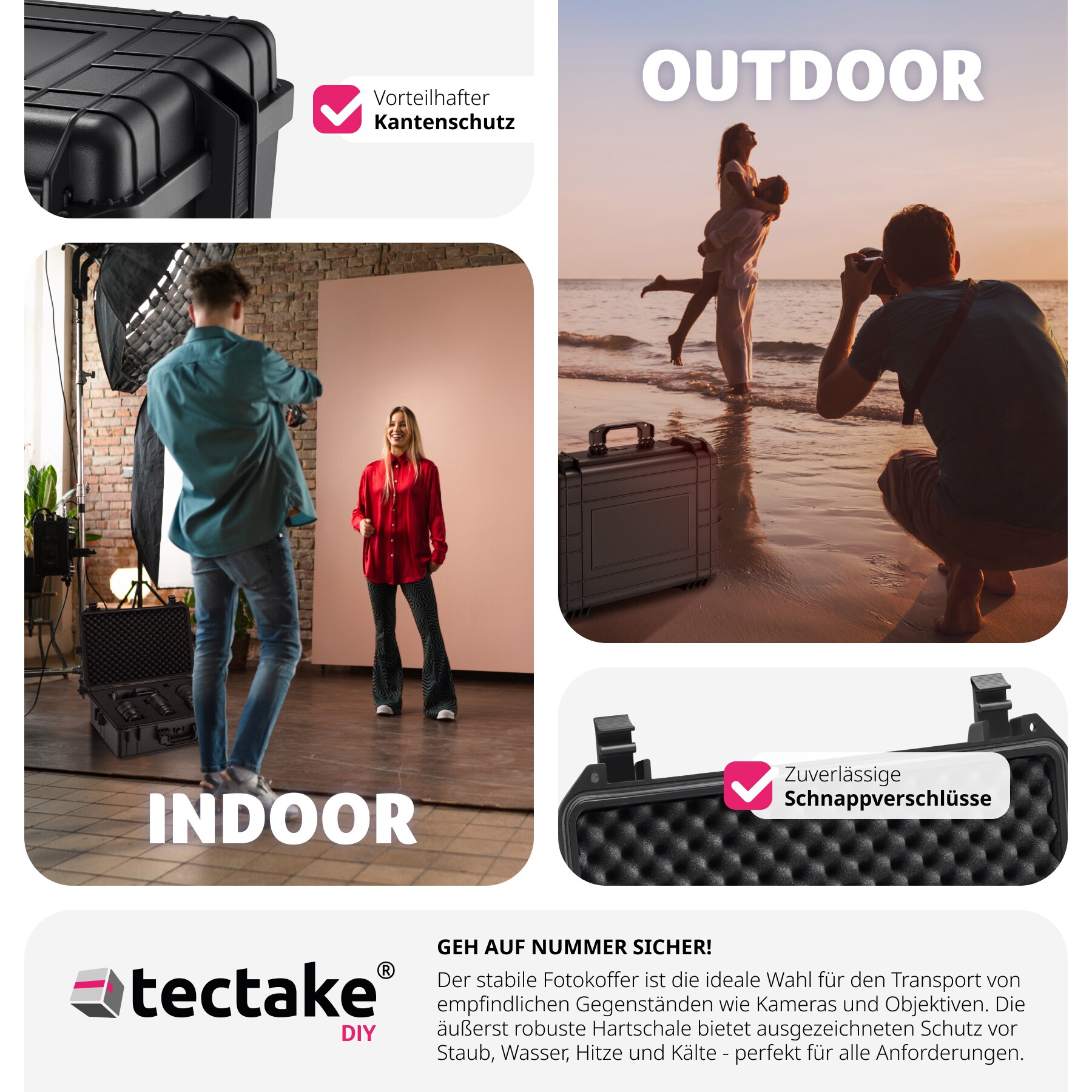 tectake® Fotokoffer, aus robuster Hartschale mit 4 dicken Schaumstoffeinlagen, wasserdicht und temperaturbeständig, 56 x 42 x 21 cm