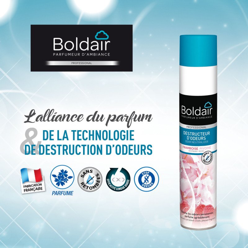 Désodorisant destructeur d'odeurs parfumant Boldair Framboise Pivoine - Aérosol 500 ml