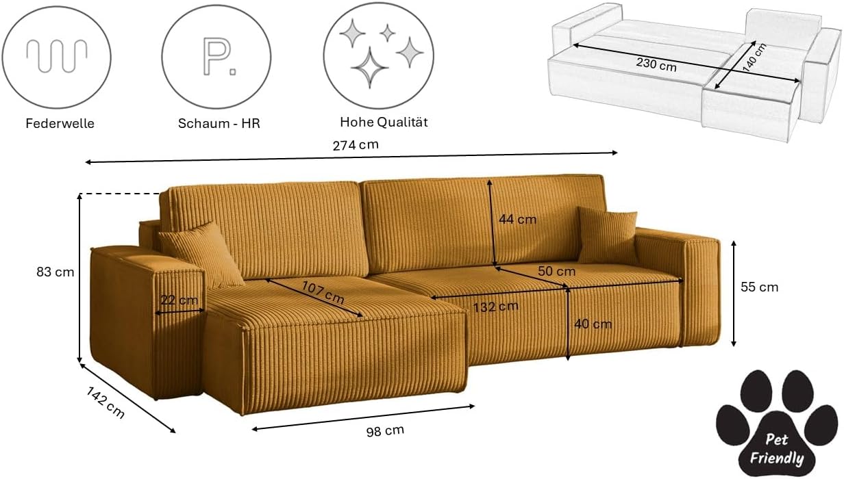 Kaiser Möbel - Ecksofa mit Schlaffunktion und Bettkasten, Schlafsofa mit Bettzeugbehälter, Wohnlandschaft L-Form, Klappsofa, Cord Stoff, Bequemes Couch für Wohnzimmer, Best XL, Senffarbe, Links