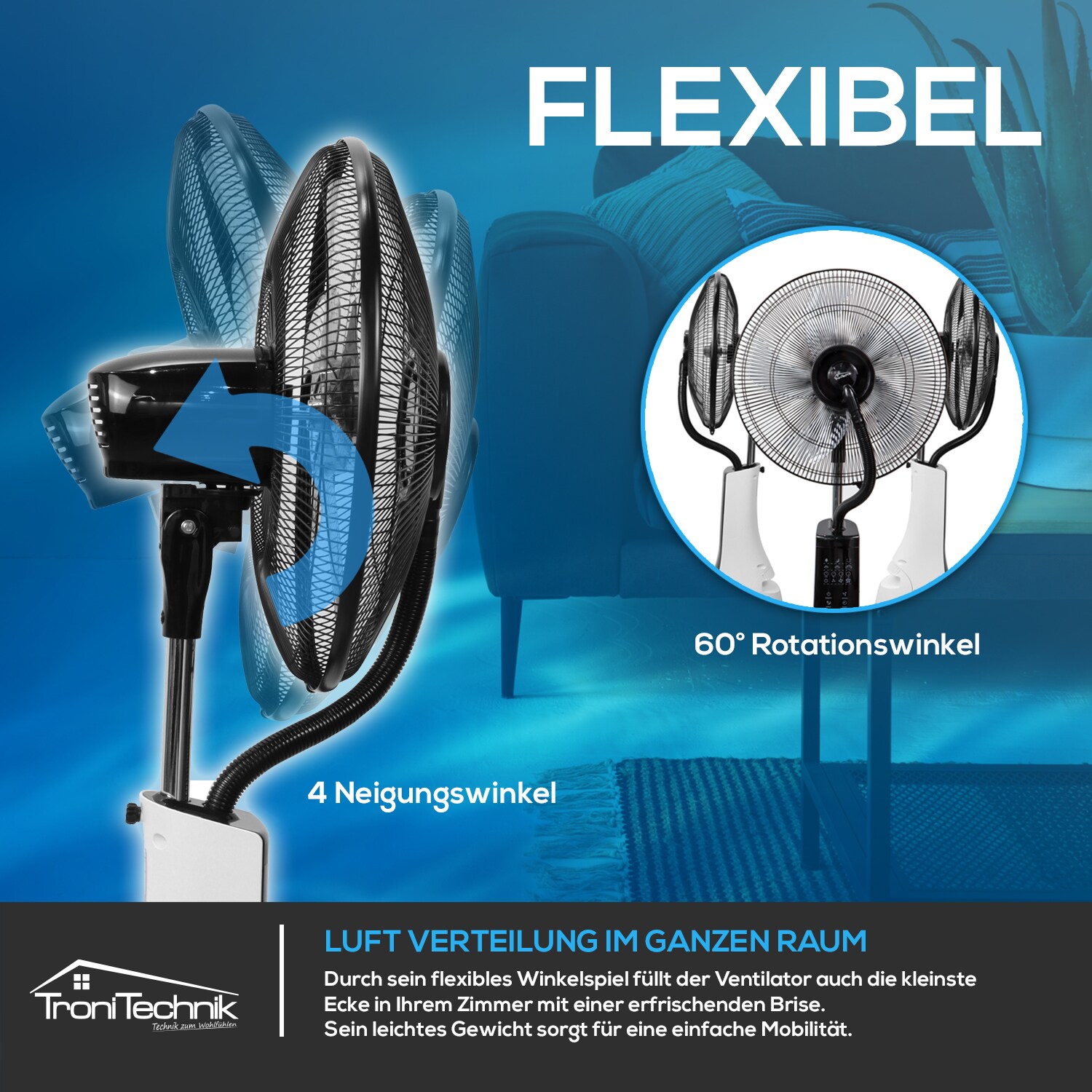 TroniTechnik® Standventilator mit Wasser, Ventilator mit Wasserkühlung Sprühnebel Raumbefeuchter 75W
