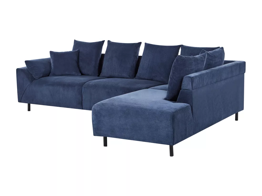Canapé d'Angle à droite Moderne en Velours Côtelé Coussins en Tissu Pieds en Métal Bleu Lunner