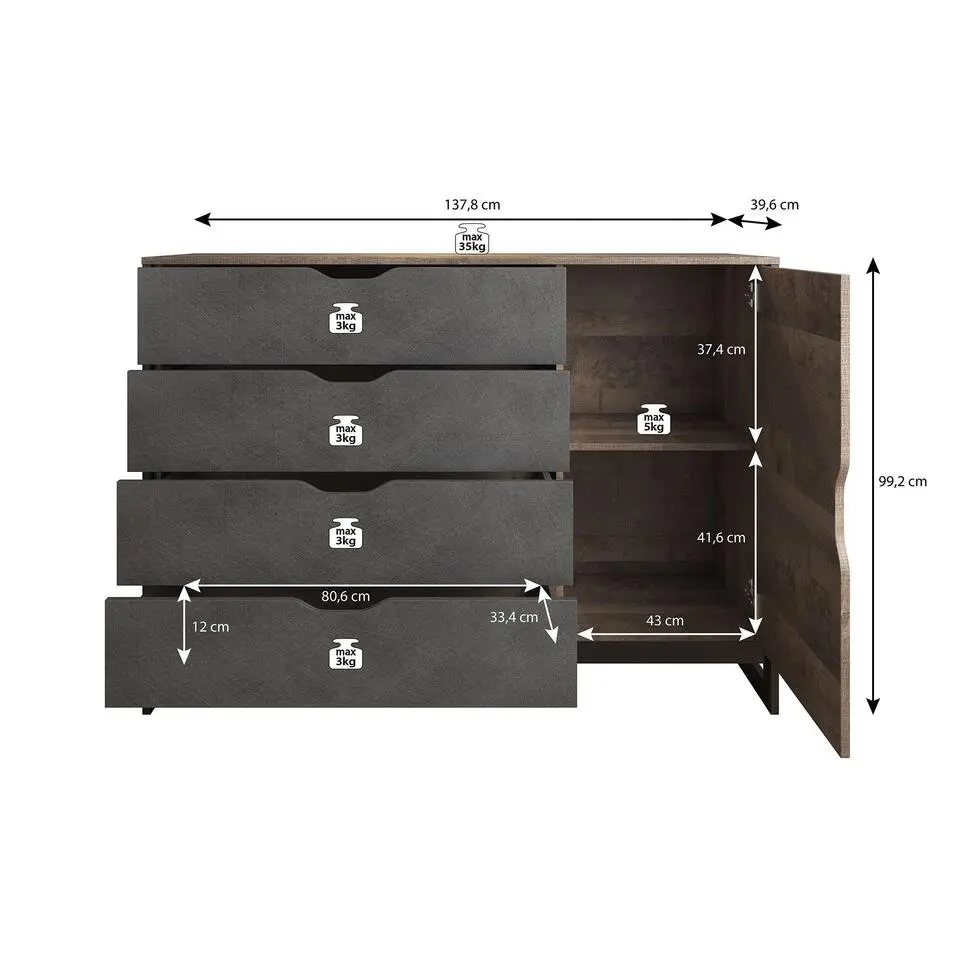 Meubella - Dressoir Acasia - Grijs - Eiken - 138 cm