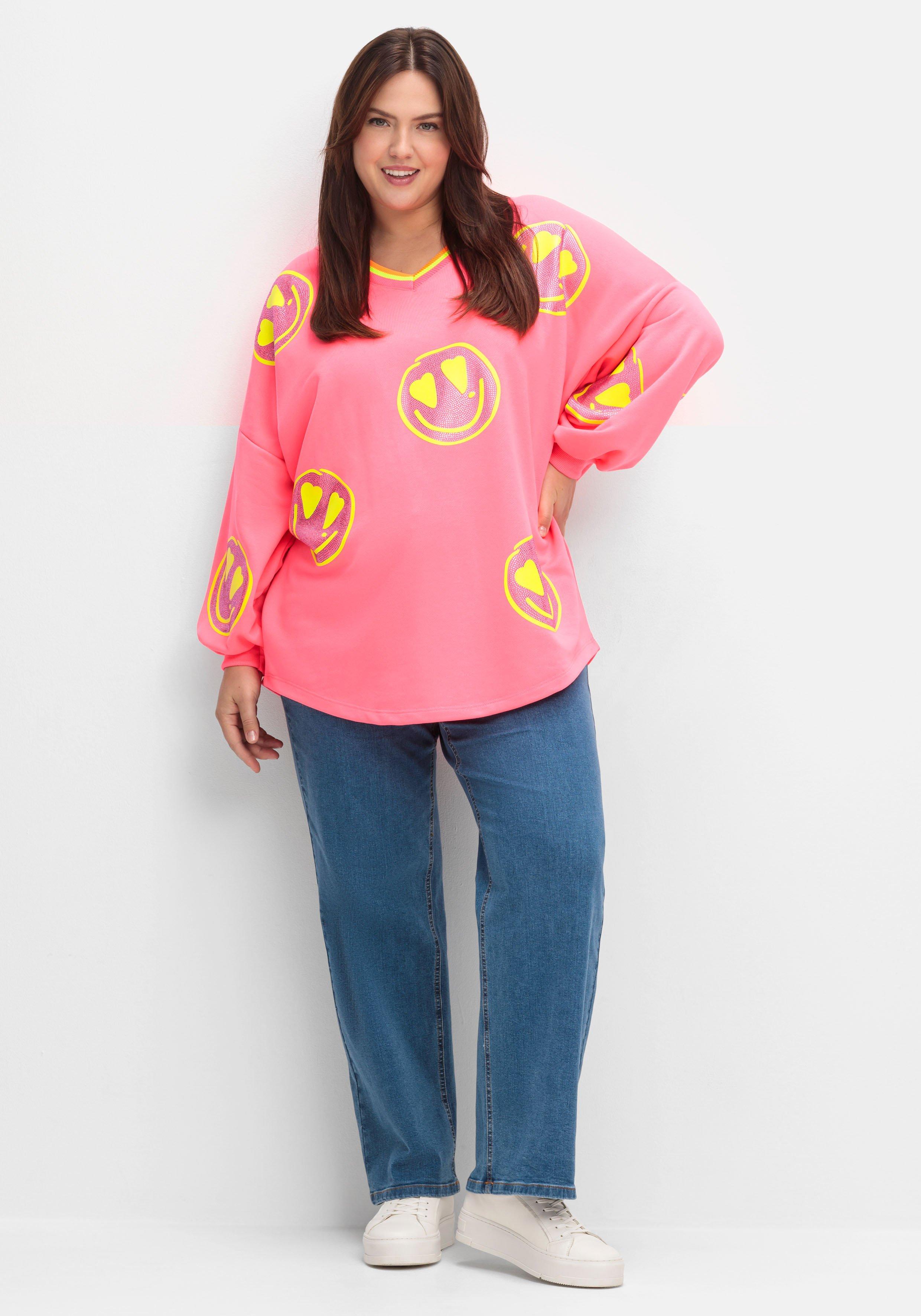 Sweatshirt mit Smileyprint und Glitzersteinen