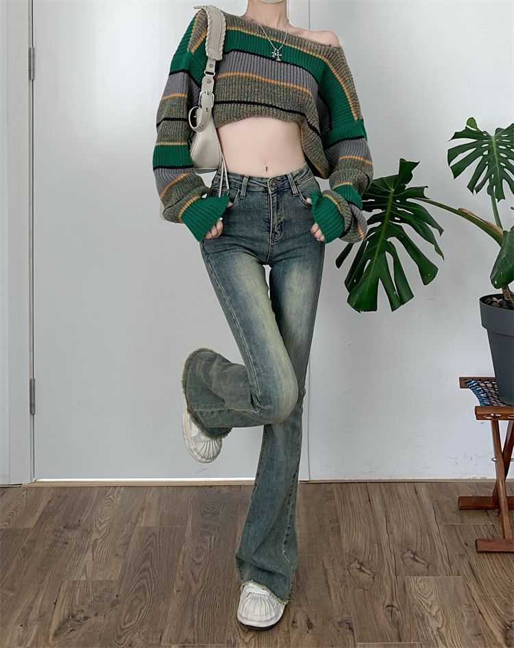 Hanji - Low Rise Washed Frayed Flared Jeans