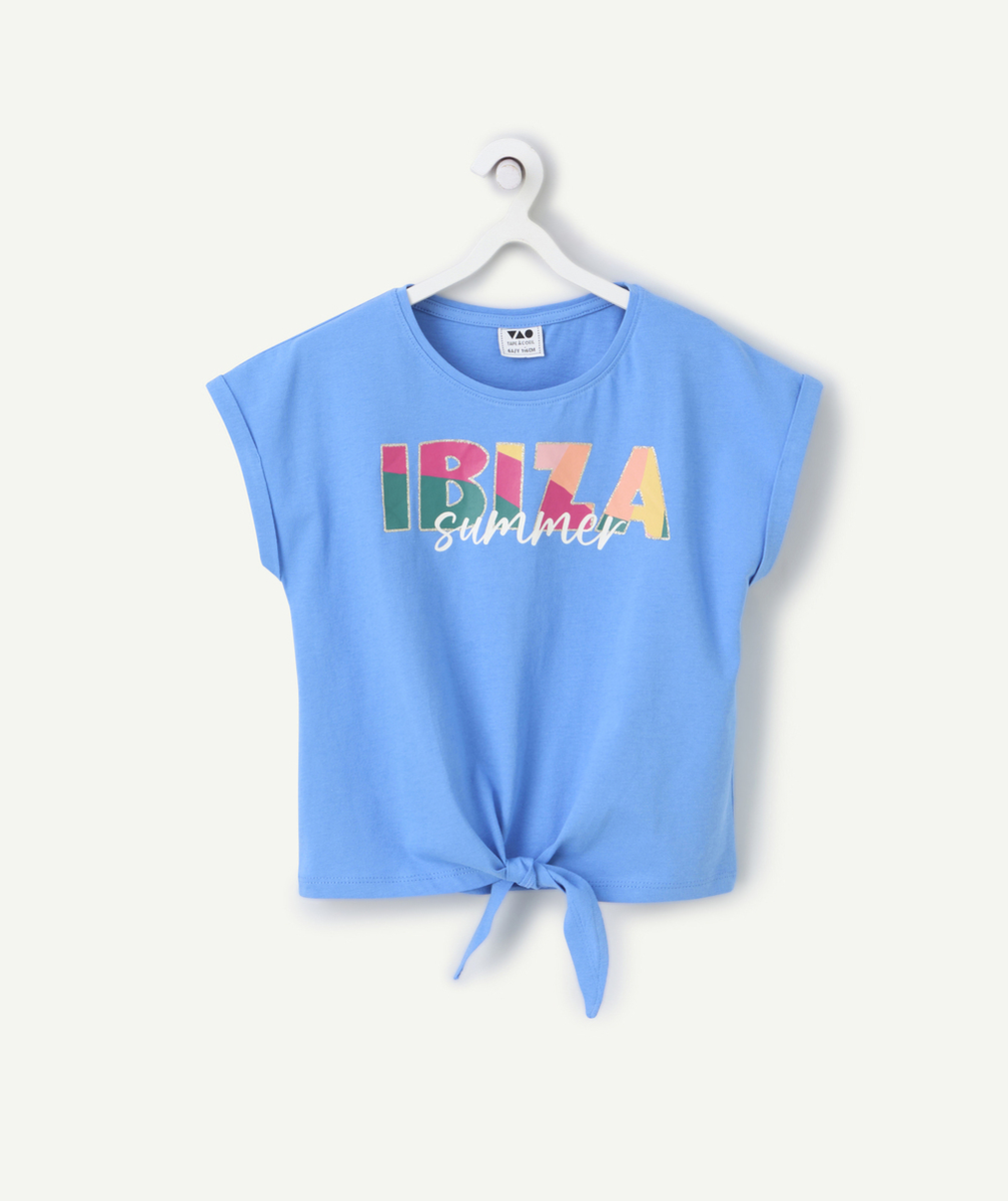 t-shirt manches courtes fille en coton bio bleu motif ibiza
