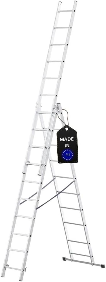 PROREGAL Economy Basic 3-delige multifunctionele ladder met dwarsbalk, 3 x 10 sporten, werkhoogte 5,72 m, draagvermogen 150 kg