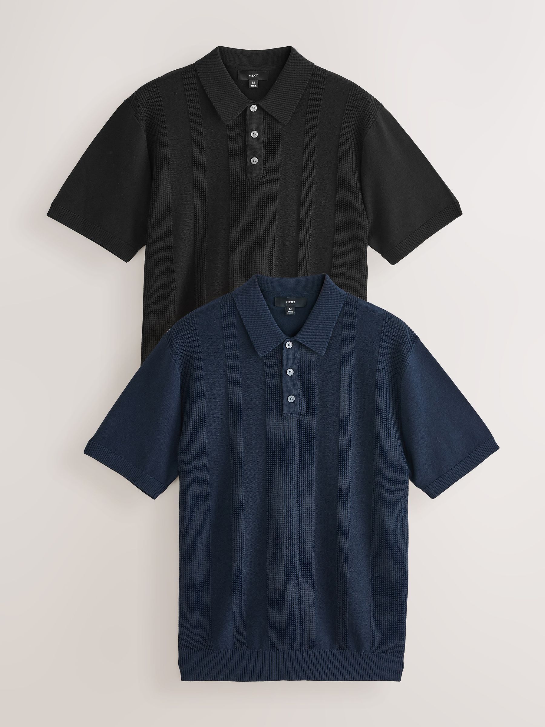Marineblauw/zwart - Regular-fit poloshirts met textuur, hoog katoengehalte, korte mouwen en gebreid 2 stuks