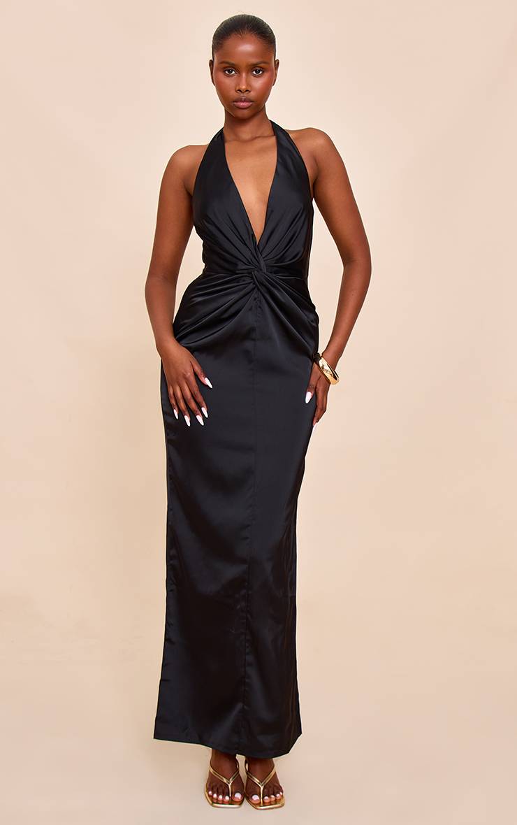Noir Robe Longue De Demoiselle D'honneur En Satin Avec Détail Torsadé Et Col Licou