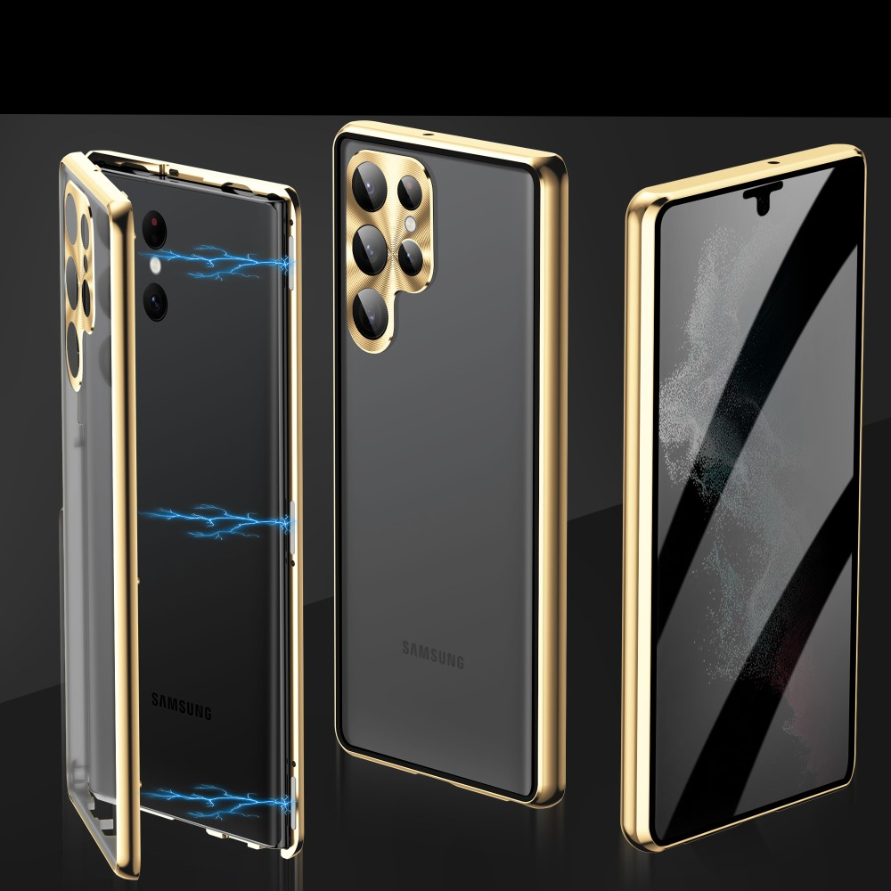 Samsung Galaxy S24 Ultra Magnetische Alu Schutzhülle mit Panzer Glas Backcover   Privacy Display- / Kameraglasschutz (Verschlussmechanismus) - Silber