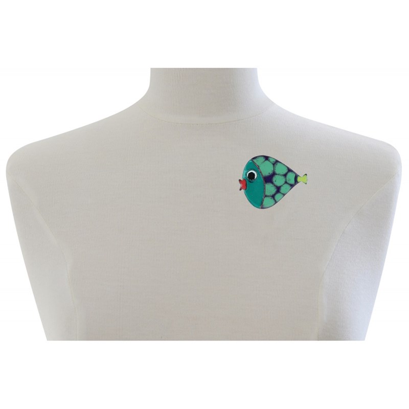 Broche Poisson Émaillée Bleu à Pois Verts
