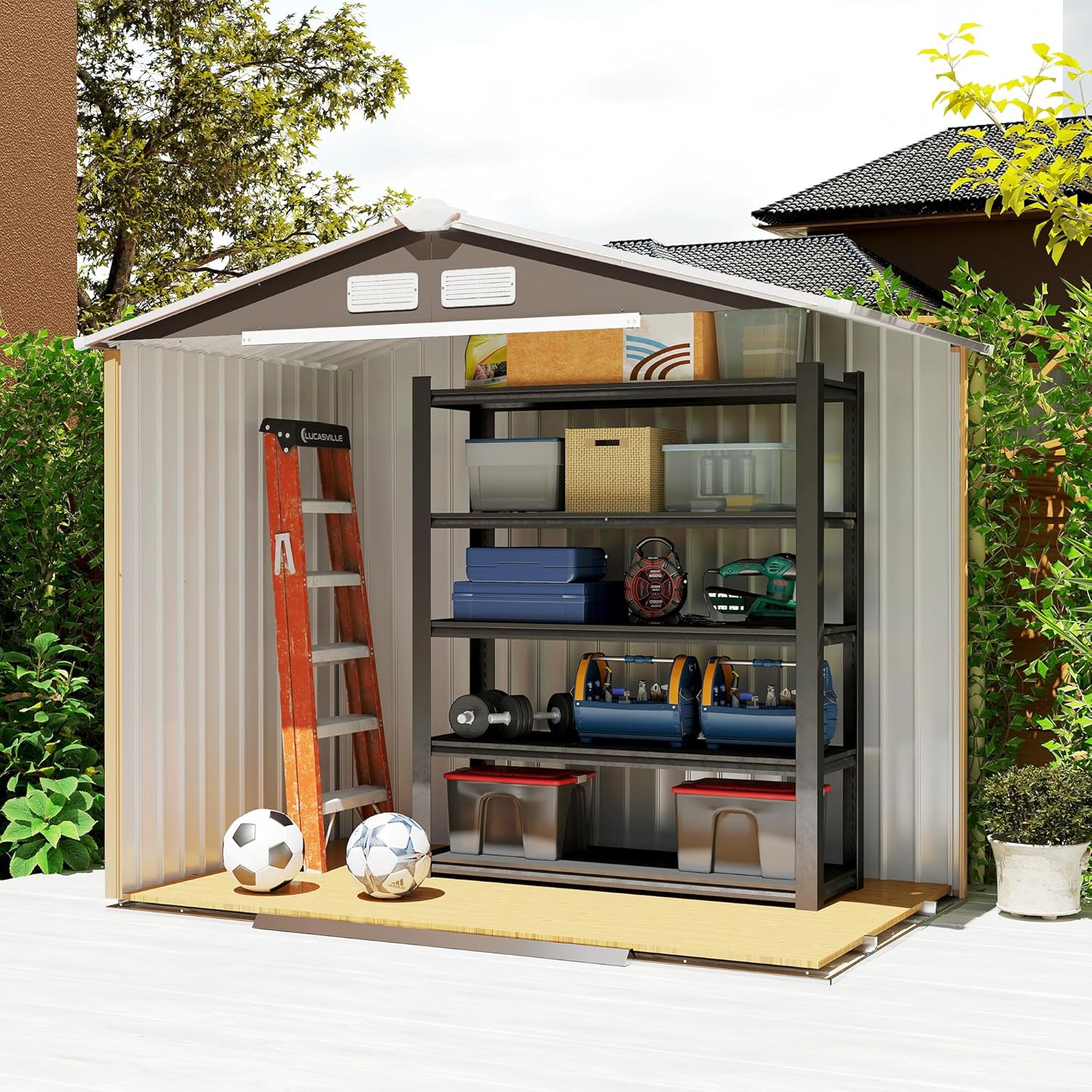 Outsunny Gerätehaus 2,42 m², Gartenhaus mit Satteldach, Schiebetür, Fundament, 213 x 130 x 185 cm, Geräteschuppen aus Verzinkter Stahl, wetterfest, für Garten, Grau