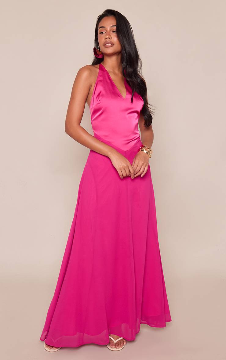 Rose Fuchsia Robe Longue Fuchsia En Satin À Bretelles Contrastées
