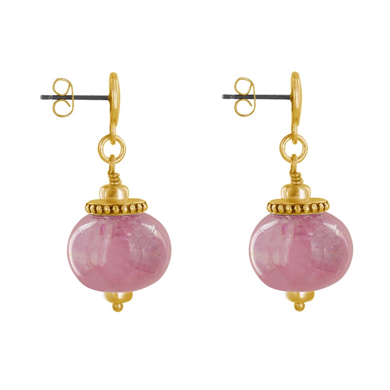 Boucles d'Oreilles Clous Métal Doré et Grosses Perles en Céramique