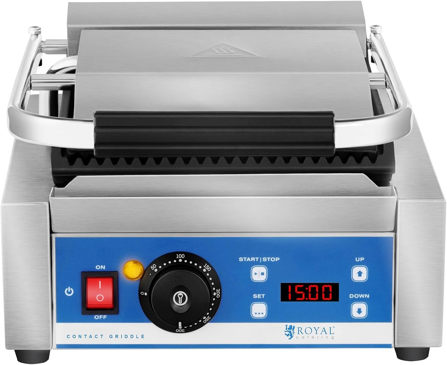 Royal Catering Kontaktgrill Elektrogrill Pannini Grill (1800 W, 55–300 °C, geriffelt, Timer 15 min, Abtropfschale, 36,2 x 31,3 x 20,1 cm, Gusseisen emailiert)