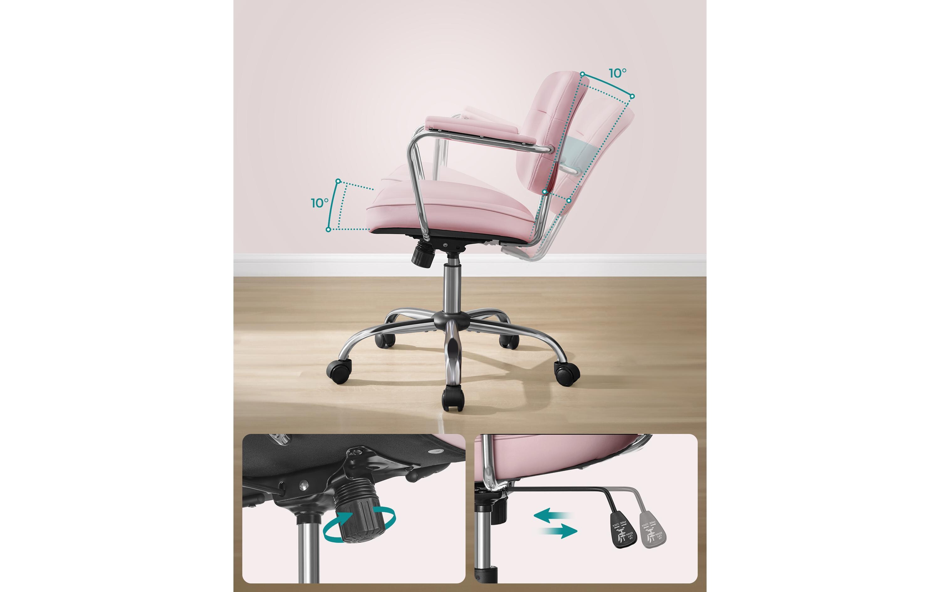 Bürostuhl mit Polsterrücken und Armlehnen, Rosa<br>Drehstuhl mit gebogenem Sitz