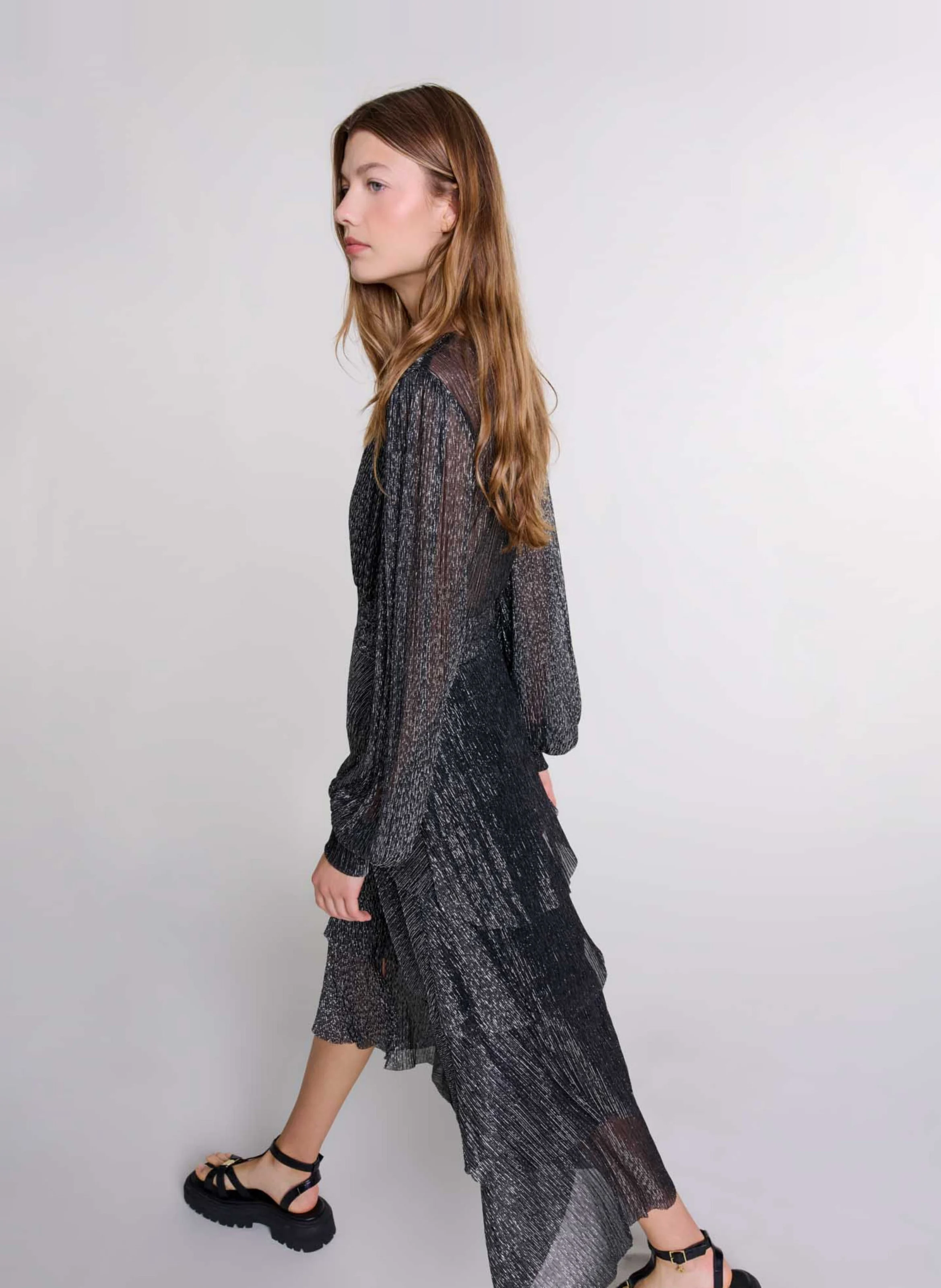 Robe longue col V pailletée | Noir