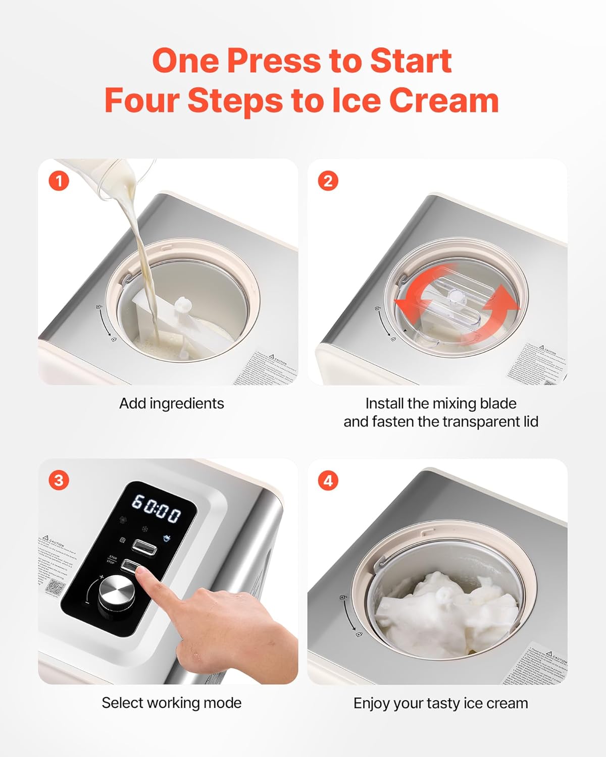 VEVOR automatische Eismaschine 2 QT mit eingebautem Kompressor (150 W) kein Vorgefrieren, Ice Cream Maker mit 3 Modi, elektrischer Eismaschine Frozen Sorbet Maker für die Küche zu Hause