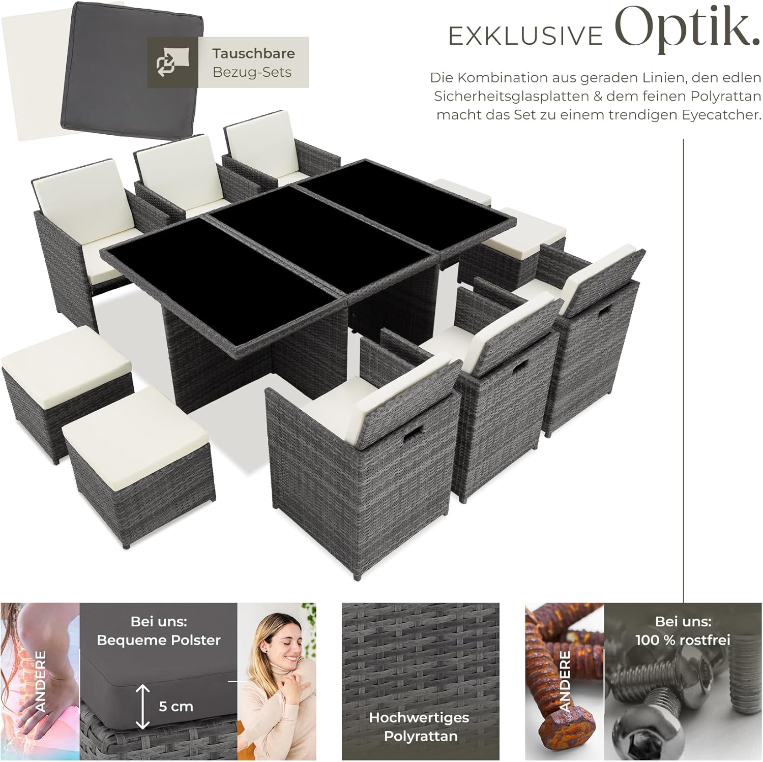 tectake Polyrattan Gartenmöbel Set, Sitzgruppe mit 6 Stühle +1 Glasplatte Tisch + 4 Hocker, Gartenlounge Set klappbar, für bis zu 10 Personen, Balkon Möbel, inkl. 2 Bezugsset - grau