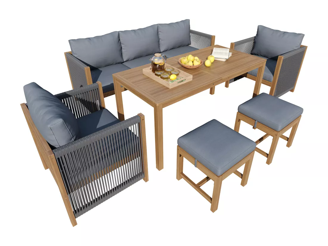 Salon de jardin modulable acier galvanisé 7 places- canapé 3 places et 2 canapé simples + table bass et 2 tabourets - gris