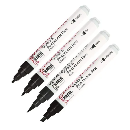 KREUL Glass & Porcelain Pen Handlettering, 4 schwarze Stifte mit verschiedenen Spitzen
