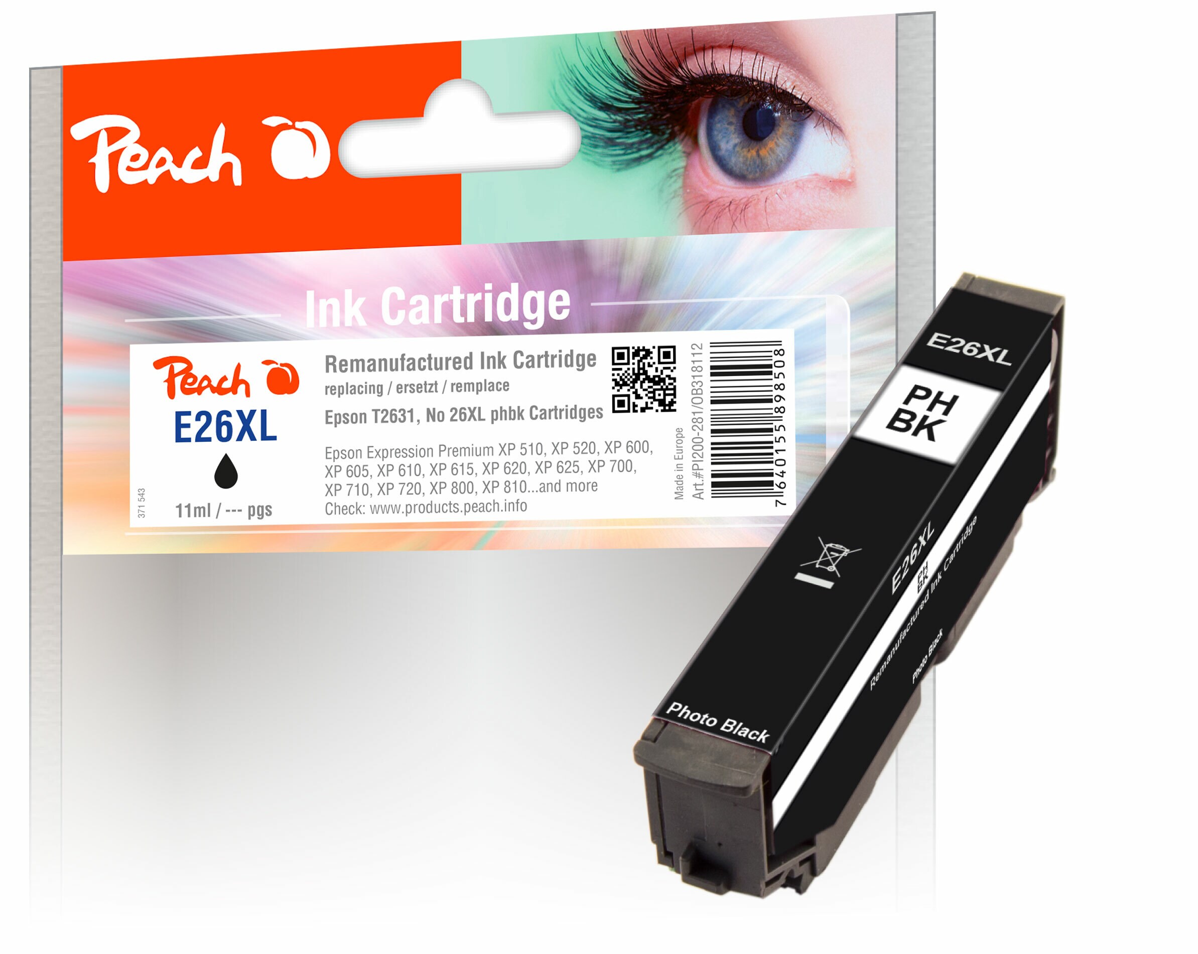 Peach E26 XLphbk Druckerpatrone XL bkph ersetzt Epson No. 26XL phbk, C13T26314010 für z.B. Epson Expression Premium XP -510 (wiederaufbereitet)