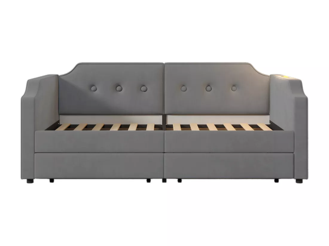 Canapé-lit rembourré 90x200 cm, avec liseuse USB Type-C, avec 2 tiroirs de rangement, gris (sans matelas).