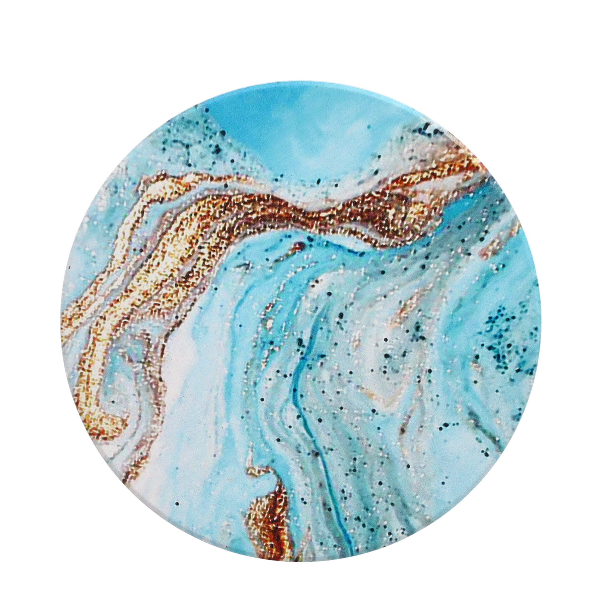(6er Set) Ø10cm Marble Stein Getränke Untersetzer Marmor Glasuntersetzer   Halterung - Türkis / Gold