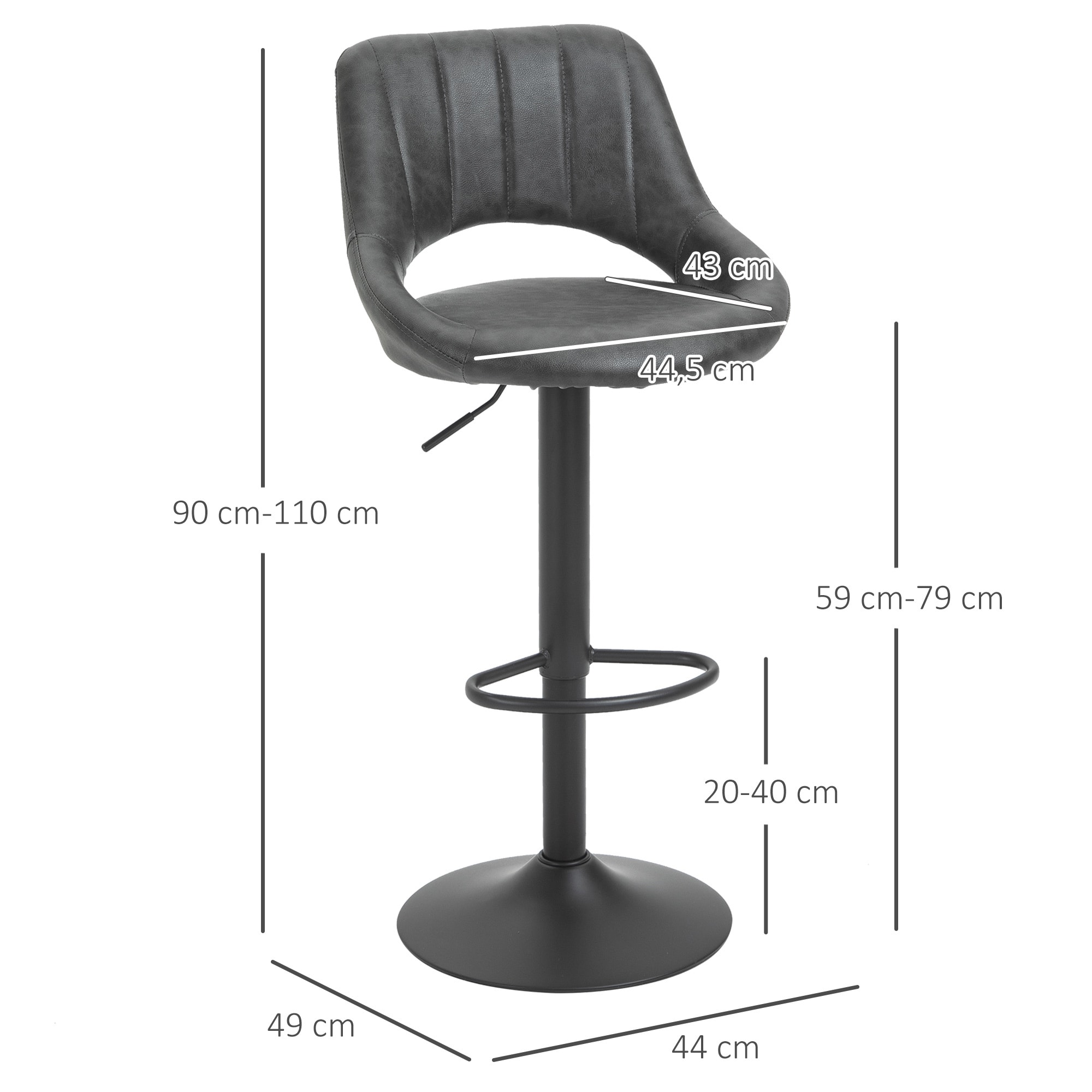 HOMCOM Barhocker mit Rückenlehne und Fußstützen grau 44L x 49B x 90-110H cm