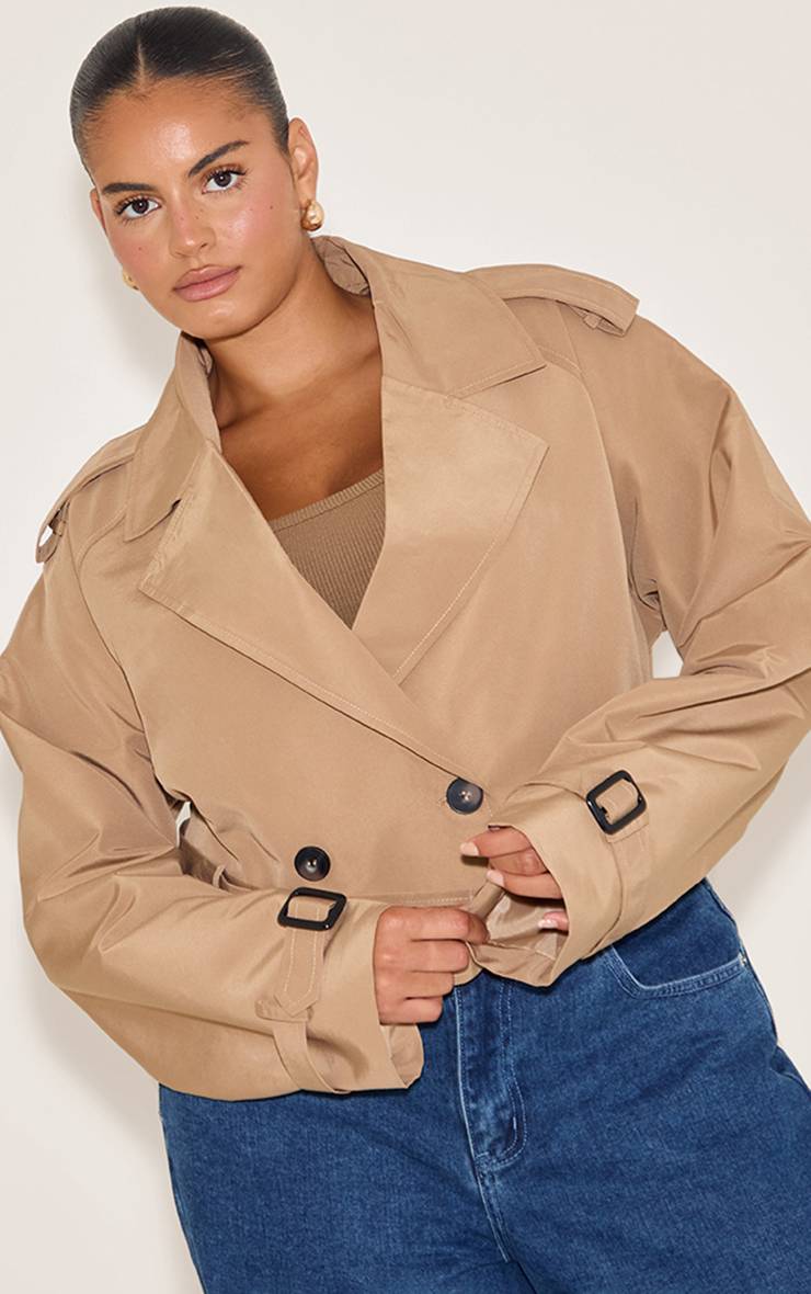Taupe Trench-coat Court Ceinturé Grande Taille