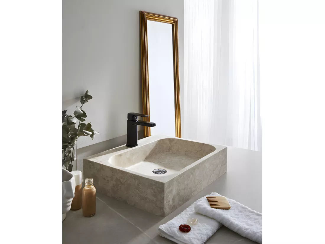 Vasque à poser / lavabo en marbre coloris beige - Longueur 52 x Hauteur 13 x Profondeur 42 cm