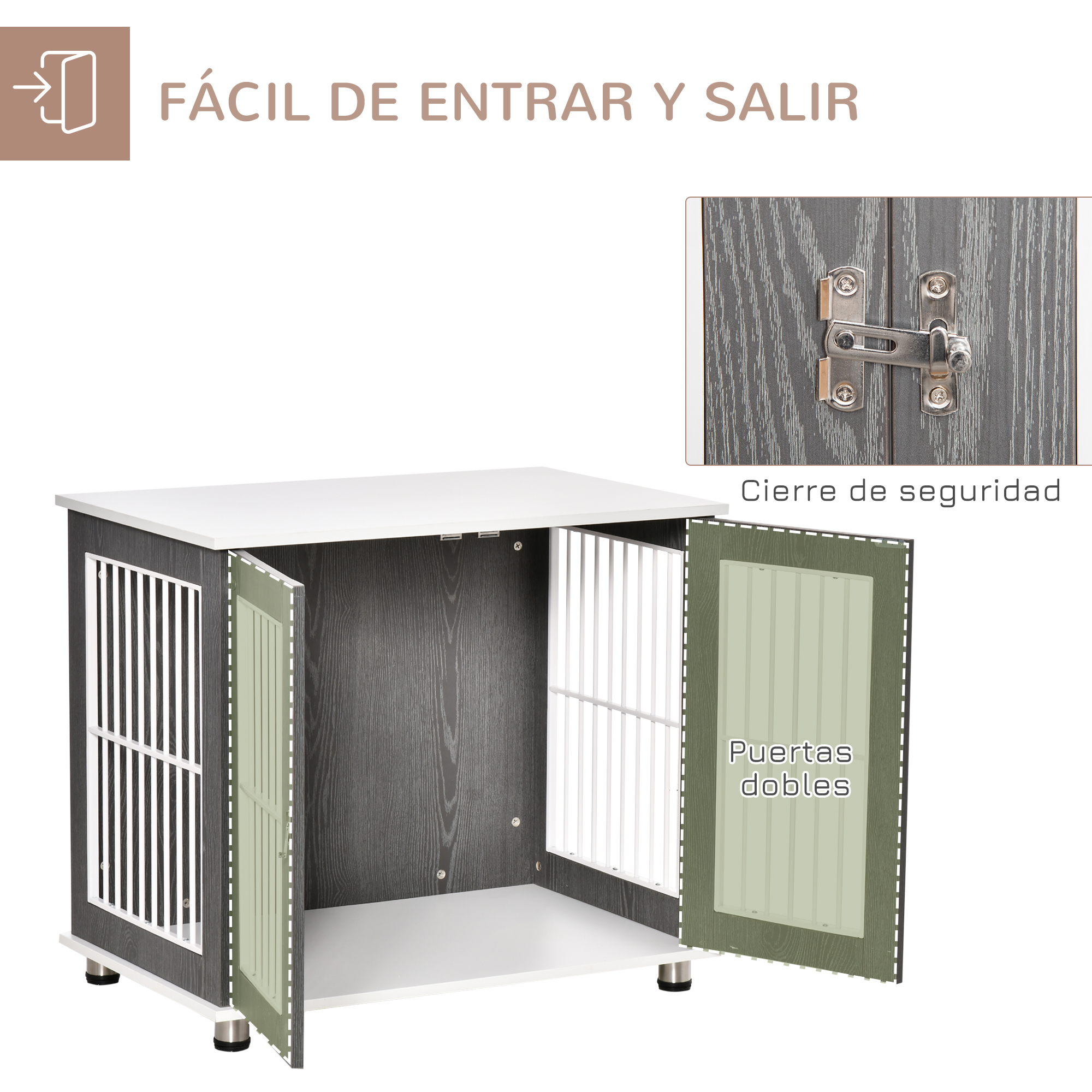 Mesa lateral para gaiola de cachorro PawHut em madeira, 85x55x75 cm, com prateleira de armazenamento, 2 portas com fechadura e grades de aço, móvel para canil interno, cinza.