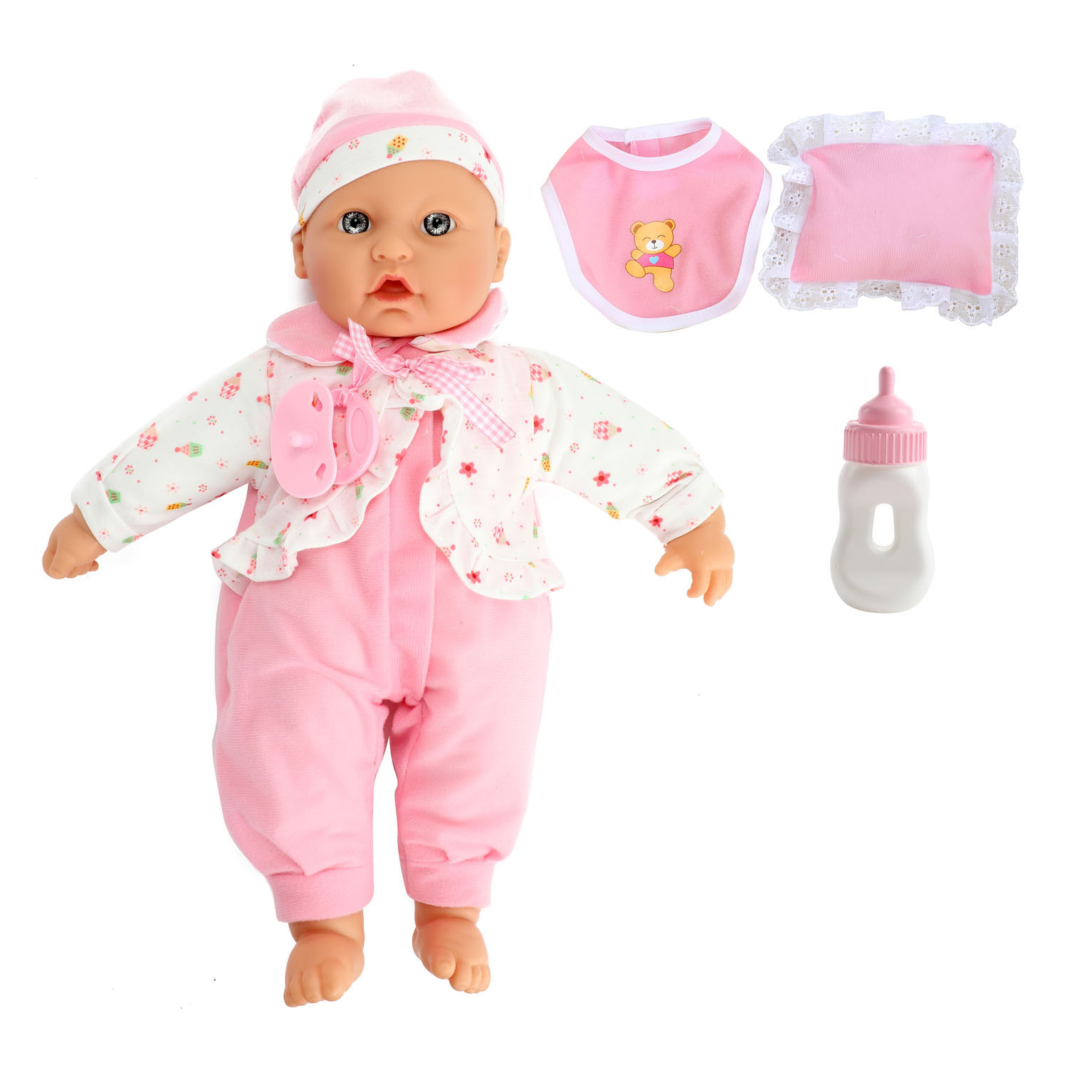 Baby Beau Babypop met Fles en Slabber, 40cm