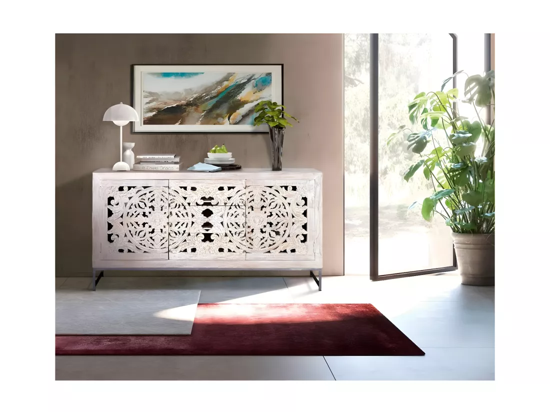 Buffet en manguier et métal blanc vieilli Blanco.Giner y Colomer.80x38x150
