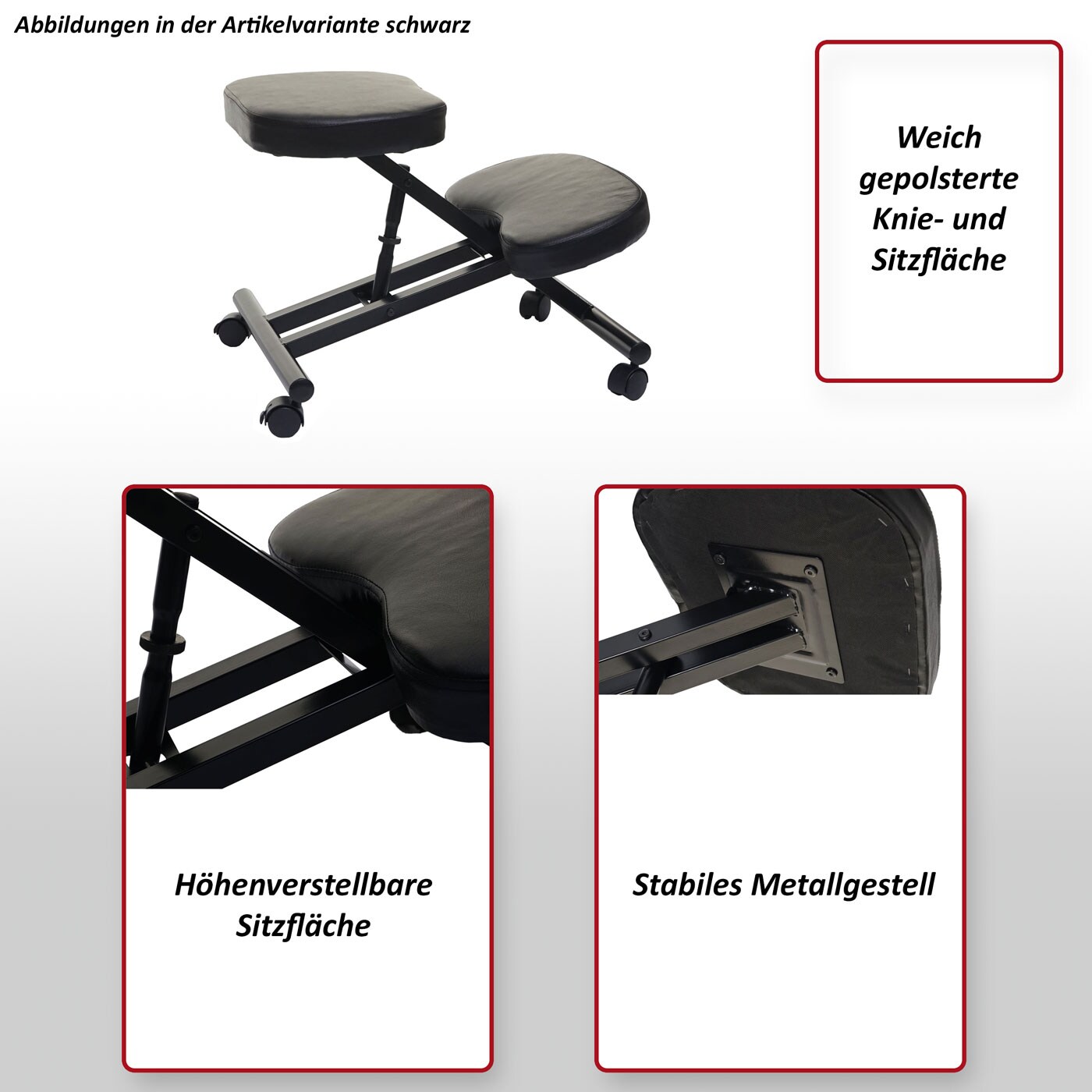 Kniestuhl MCW-E10, Sitzhocker Kniehocker, höhenverstellbar Rollen Kunstleder Metall MVG-zertifiziert ~ grau matt