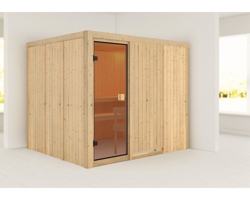 Karibu Nybro modulaire sauna zonder oven en dakkroon, met gebronsde volledig glazen deur