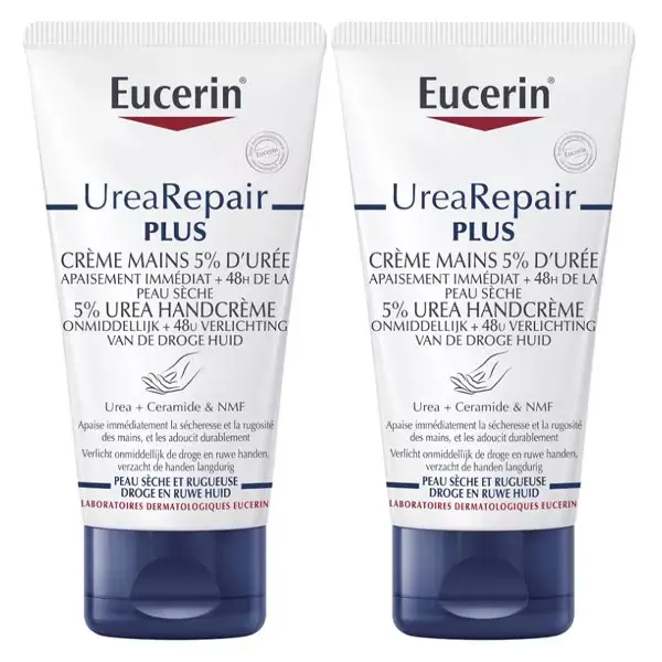 Creme para as mãos reparador Eucerin 5% ureia, embalagem com 2 unidades de 75ml