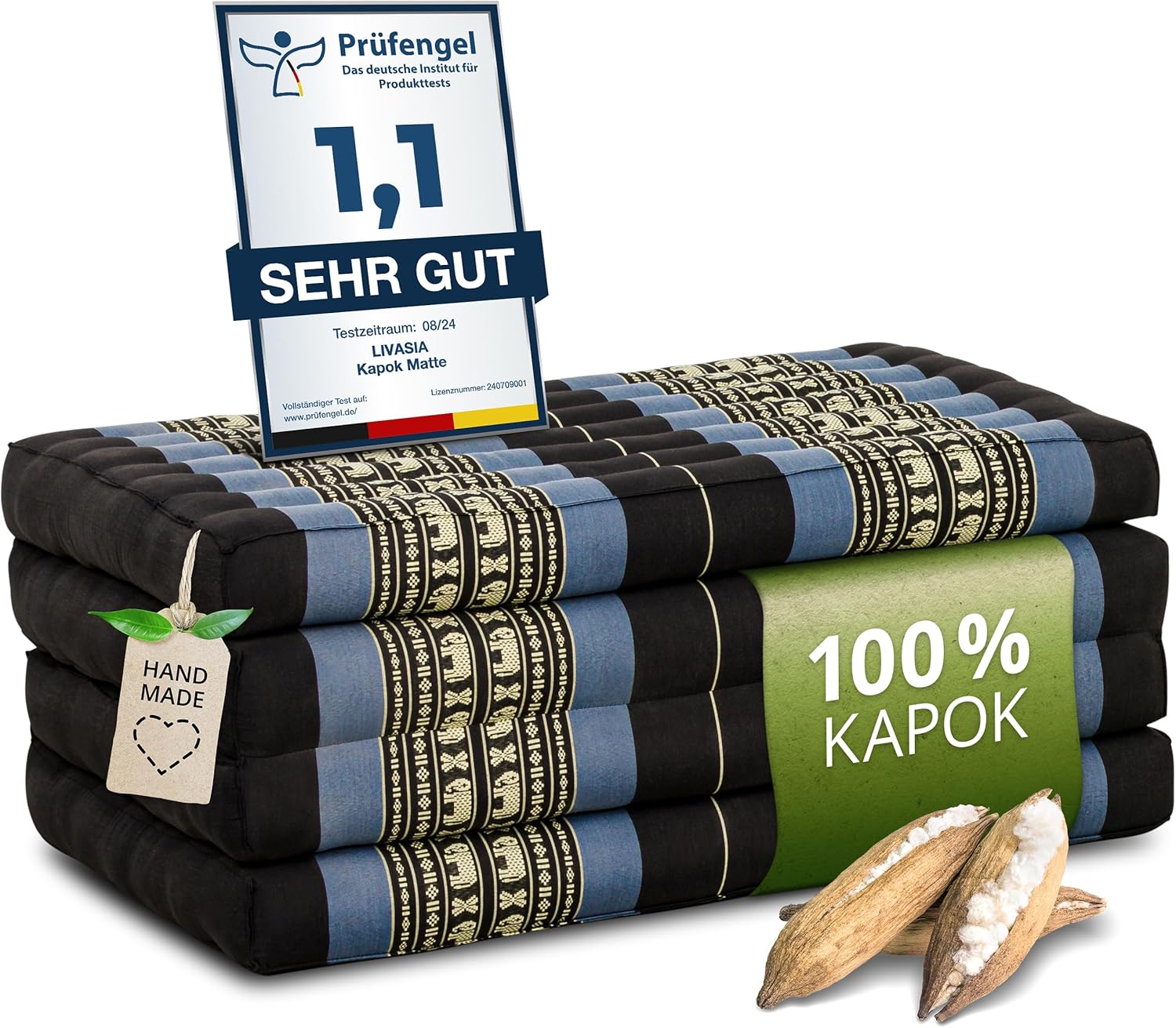 livasia Nachhaltige Klappmatratze aus Kapok - 200x80x8cm - Gästematratze, Faltbare Matratze für Van, ökologische Yogamatte, klappbares Gästebett, Liege für Garten und Balkon (Blau/Elefanten)