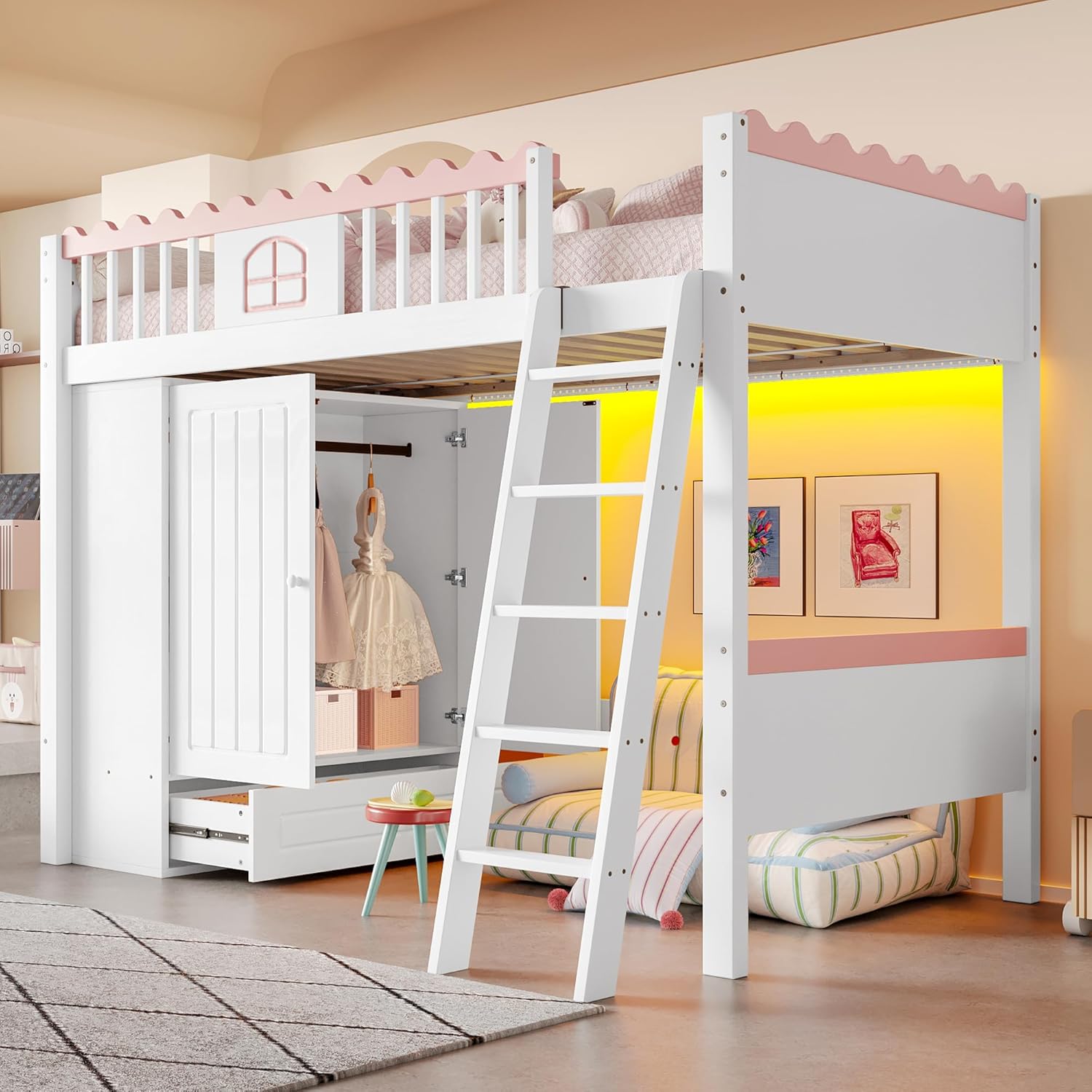 Merax Hochbett 90x200, Kinderbett für Mädchen, Jugendbett Mädchenbett mit Kleiderschrank und Schubladen, LED-Bettgestell mit Lattenrost(ohne Matratze), aus Kiefernholz, EN747 Zertifiziert, Weiß