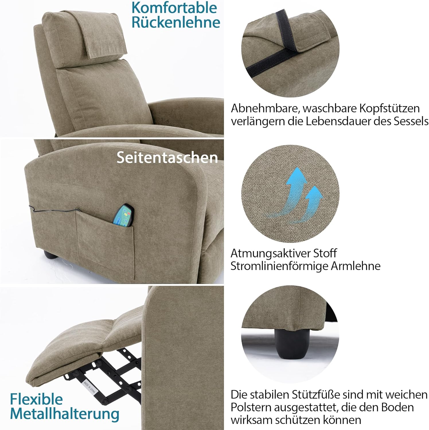 Relaxsessel Ergonomisch Massagefunktion, Einzelsofa Liegefunktion mit Heizung, Lesesessel Fernsehsessel Körper Vibration Sessel, Gesund Loungesessel Polstersessel, 67.5X87X100 cm (Beige)