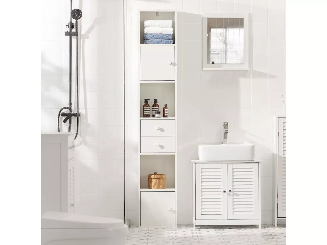 Étagère Sur Pied Étagère De Rangement Meuble Colonne Haute Avec 2portes Et 2 Tiroirs Blanc, Str10-w
